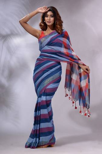 Blue Cotton Colorblocked Handwoven Soft Saree