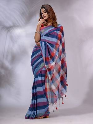 Blue Cotton Colorblocked Handwoven Soft Saree 2