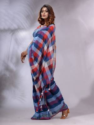Blue Cotton Colorblocked Handwoven Soft Saree 3
