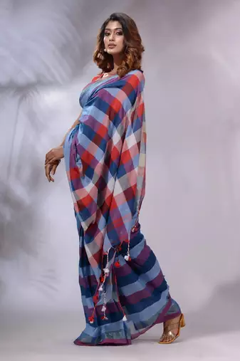 Blue Cotton Colorblocked Handwoven Soft Saree