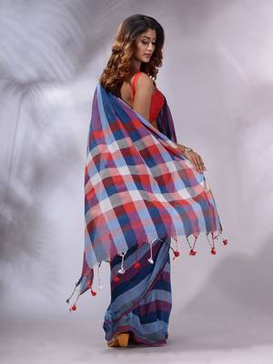 Blue Cotton Colorblocked Handwoven Soft Saree 4