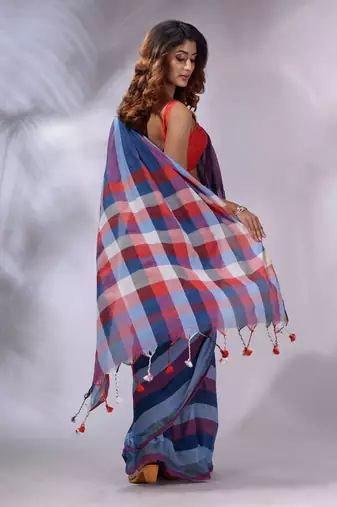 Blue Cotton Colorblocked Handwoven Soft Saree