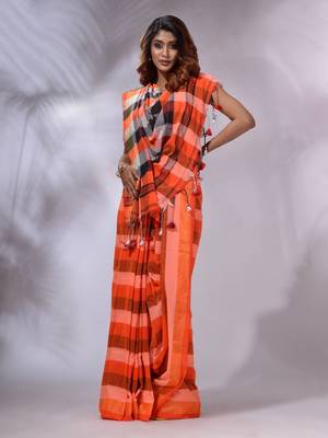 Orange Cotton Colorblocked Handwoven Soft Saree 1