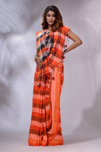 Orange Cotton Colorblocked Handwoven Soft Saree