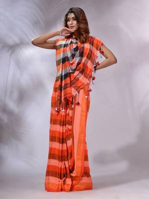 Orange Cotton Colorblocked Handwoven Soft Saree 2