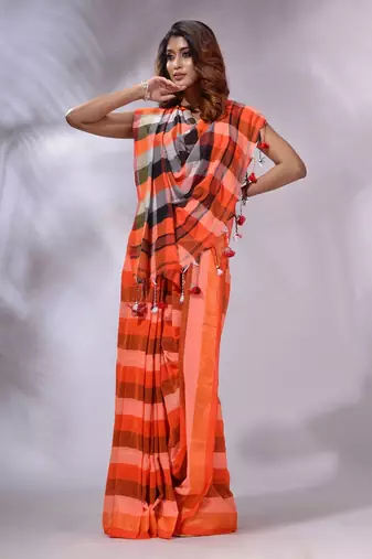 Orange Cotton Colorblocked Handwoven Soft Saree