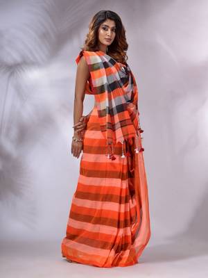 Orange Cotton Colorblocked Handwoven Soft Saree 3