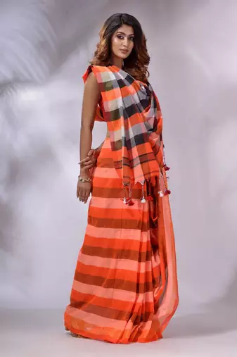 Orange Cotton Colorblocked Handwoven Soft Saree