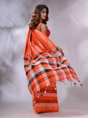 Orange Cotton Colorblocked Handwoven Soft Saree 4