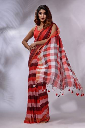 Multicolor Cotton Colorblocked Handwoven Soft Saree