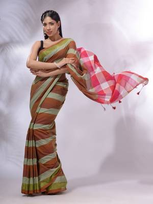 Multicolor Cotton Colorblocked Handwoven Soft Saree 1