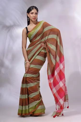 Multicolor Cotton Colorblocked Handwoven Soft Saree