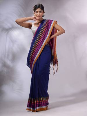 Blue Cotton Handwoven Saree With Geometric Borders 1