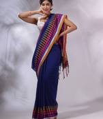 Blue Cotton Handwoven Saree With Geometric Borders