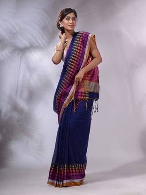 Blue Cotton Handwoven Saree With Geometric Borders 2