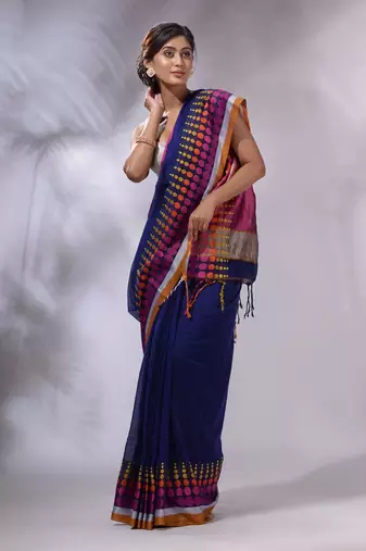 Blue Cotton Handwoven Saree With Geometric Borders