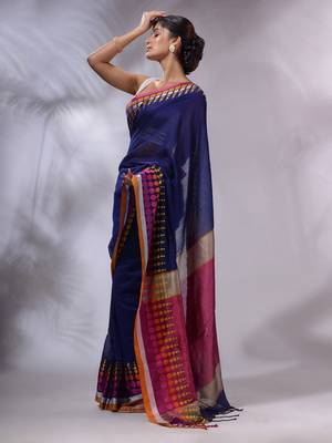 Blue Cotton Handwoven Saree With Geometric Borders 3