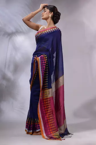 Blue Cotton Handwoven Saree With Geometric Borders