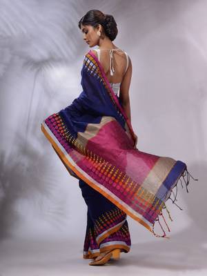 Blue Cotton Handwoven Saree With Geometric Borders 4