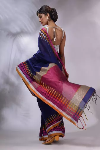 Blue Cotton Handwoven Saree With Geometric Borders