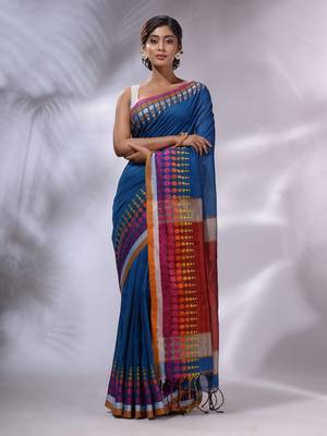 Sapphire Blue Cotton Handwoven Saree With Geometric Borders 1