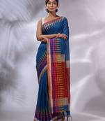Sapphire Blue Cotton Handwoven Saree With Geometric Borders