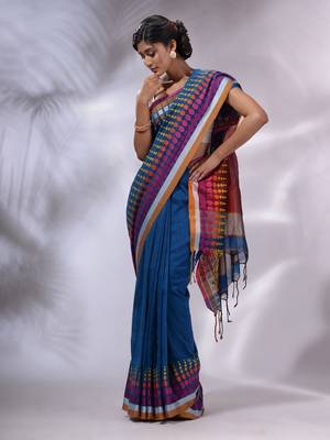Sapphire Blue Cotton Handwoven Saree With Geometric Borders 2