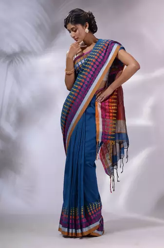Sapphire Blue Cotton Handwoven Saree With Geometric Borders
