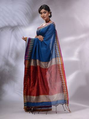 Sapphire Blue Cotton Handwoven Saree With Geometric Borders 3
