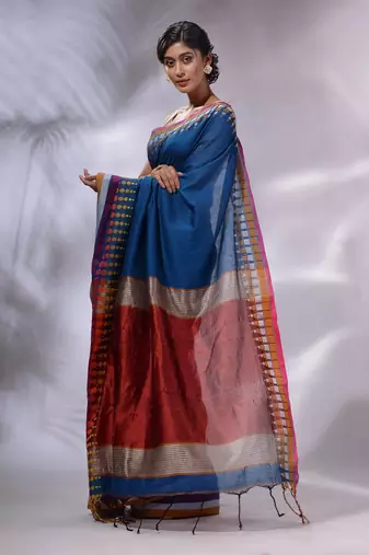 Sapphire Blue Cotton Handwoven Saree With Geometric Borders