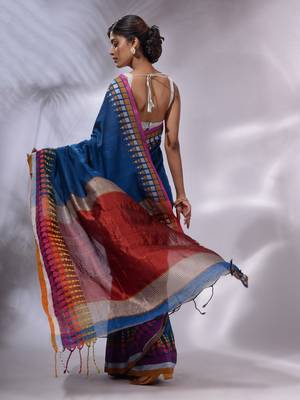 Sapphire Blue Cotton Handwoven Saree With Geometric Borders 4