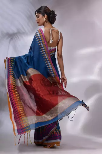 Sapphire Blue Cotton Handwoven Saree With Geometric Borders