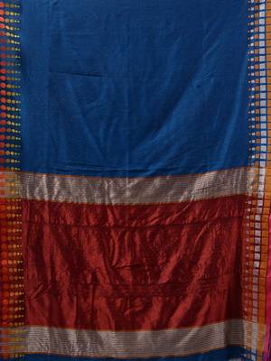 Sapphire Blue Cotton Handwoven Saree With Geometric Borders 5
