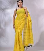 Yellow Cotton Handwoven Saree With Stripe Design