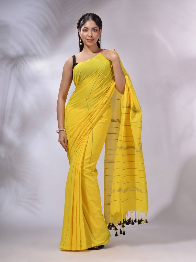 Yellow Cotton Handwoven Saree With Stripe Design