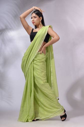 Lime Green Cotton Handwoven Saree With Checked Box Designs