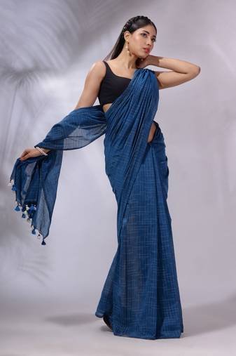 Cobalt Blue Cotton Handwoven Saree With Checked Box Designs