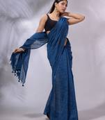 Cobalt Blue Cotton Handwoven Saree With Checked Box Designs