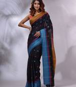 Black Cotton Handwoven Saree With Texture and paisley Borders