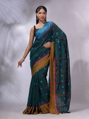 Teal Cotton Handwoven Saree With Texture and paisley Borders 1