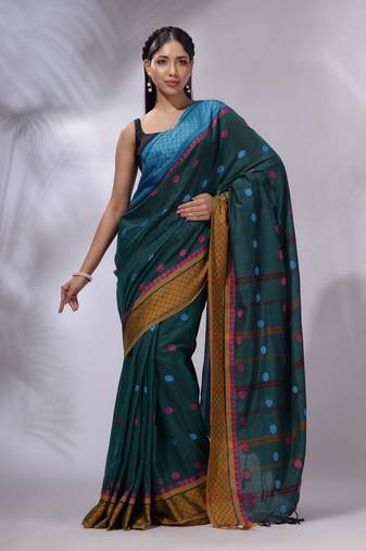 Teal Cotton Handwoven Saree With Texture and paisley Borders
