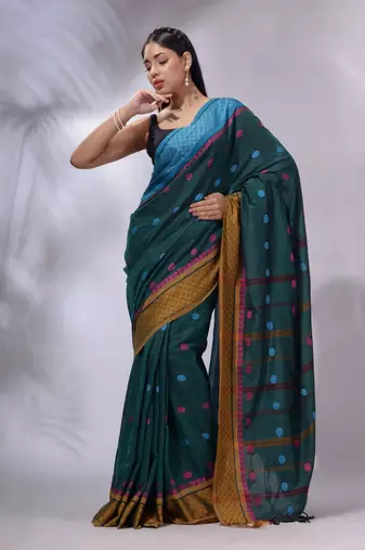 Teal Cotton Handwoven Saree With Texture and paisley Borders