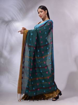 Teal Cotton Handwoven Saree With Texture and paisley Borders 3