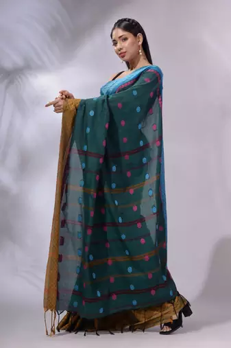 Teal Cotton Handwoven Saree With Texture and paisley Borders