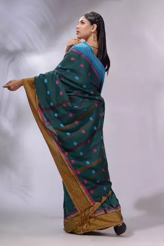 Teal Cotton Handwoven Saree With Texture and paisley Borders