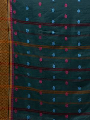 Teal Cotton Handwoven Saree With Texture and paisley Borders 5