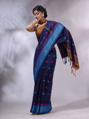 Navy Blue Cotton Handwoven Saree With Texture and paisley Borders 1