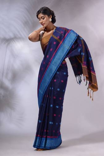 Navy Blue Cotton Handwoven Saree With Texture and paisley Borders