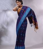 Navy Blue Cotton Handwoven Saree With Texture and paisley Borders
