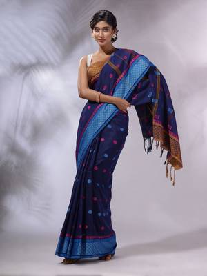 Navy Blue Cotton Handwoven Saree With Texture and paisley Borders 2